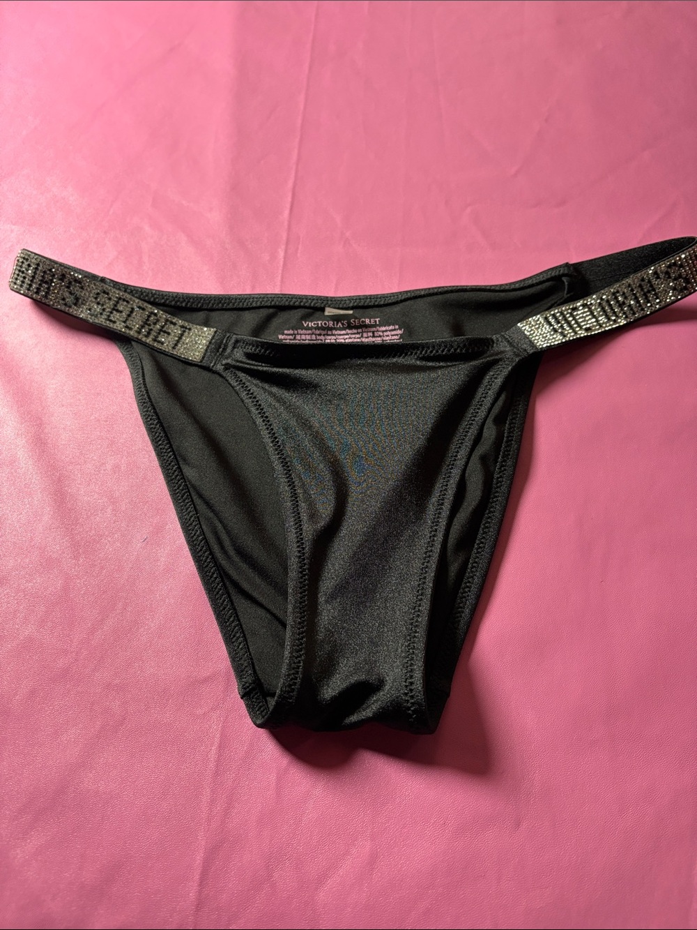 Victoria's Secret Black Bikini Bottom with Rhinestone Logo Straps